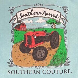 Southern Couture Tshirt Red Barn Tractor M Teal Blue Vintage Wash Comfort Colors
